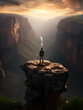 Man standing on the edge of a cliff and looking at the sunriseの素材