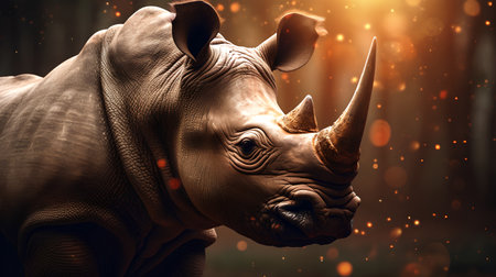White rhinoceros in dark forest. 3d illustration.の素材