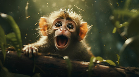 Portrait of a cute monkey sitting on a branch in the jungleの素材