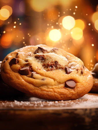 Chocolate chip cookies on wooden table with bokeh lights backgroundの素材