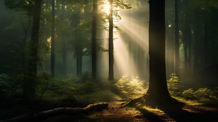 Mysterious forest in the rays of the rising sun. Dramatic scene.の素材