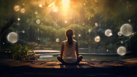 Young woman sitting in lotus position and meditating in the garden.の素材