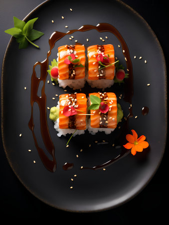 Sushi roll with salmon, avocado, cheese and sauce on black plateの素材