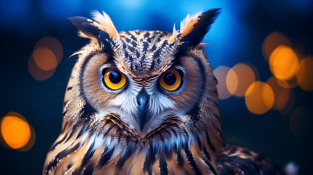 Owl with yellow eyes on a background of bokeh.の素材