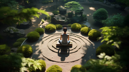 Young woman practicing yoga in the garden. Zen and meditation concept.の素材