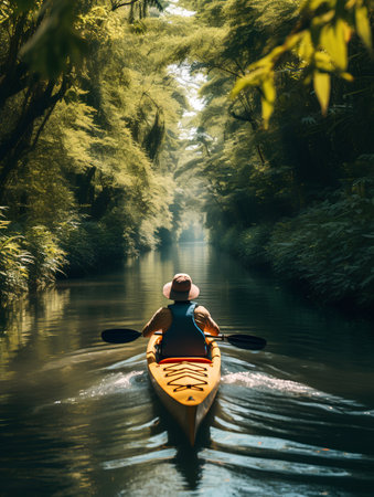 Man kayaking in the forest on a sunny day. Concept of active lifestyle.の素材