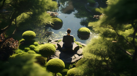 Woman sitting on a stone bridge in the garden. 3d renderingの素材