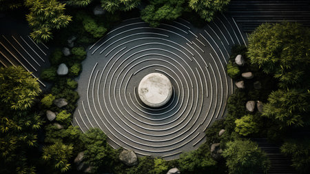 3d rendering of a zen garden in the middle of the parkの素材