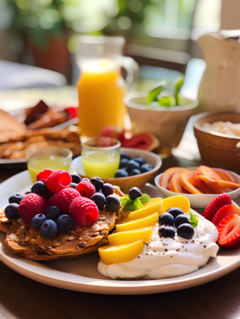 Healthy breakfast with oatmeal, fruit and berries on wooden tableの素材