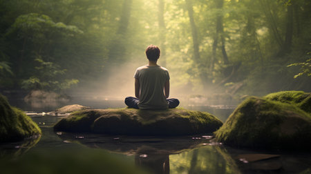Young man meditating on a rock by the river in the forestの素材