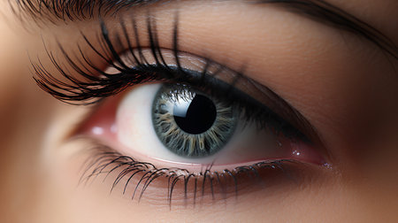 Beautiful female eye with long eyelashes. Close-up.の素材