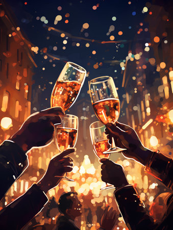 Happy people clinking glasses with sparkling wine at night party. New year celebration.の素材