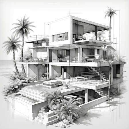 3d rendering of modern cozy house with pool and parking for sale or rent. Black line sketch with soft light shadows on white background.の素材