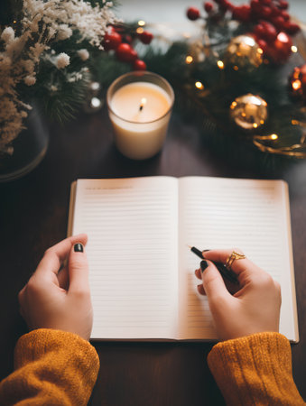 Female hands writing in notebook on christmas table with candle and decorationsの素材