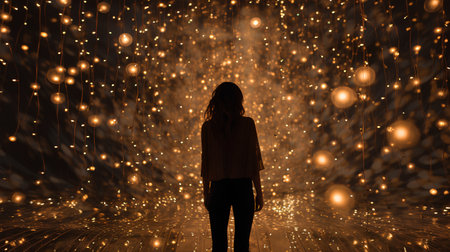 Girl in a dark room with glowing lights and particles. 3d renderingの素材