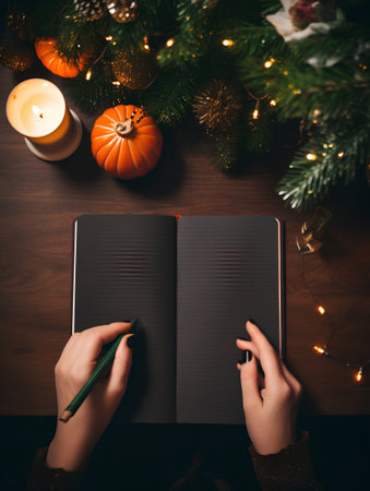 Top view of woman writing in notebook near christmas tree on wooden tableの素材
