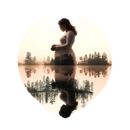 Pregnant woman silhouette on the background of the lake and forestの素材
