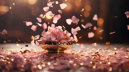 Golden vase with pink rose petals and confetti on the floorの素材
