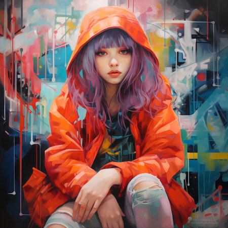 Portrait of a beautiful girl with bright make-up in a raincoat.の素材