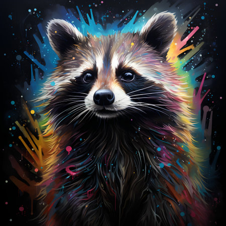 Hand drawn portrait of a raccoon in front of a colorful background.の素材