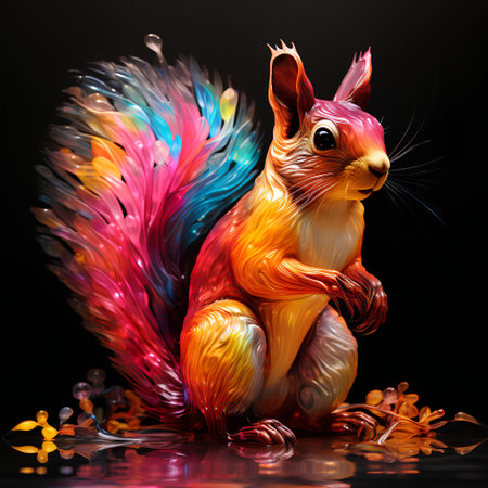 Squirrel with colorful feathers on a black background. 3d renderingの素材