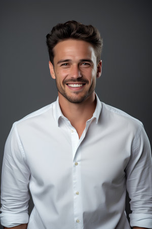 Handsome young man in white shirt is looking at camera and smiling while standing against grey backgroundの素材