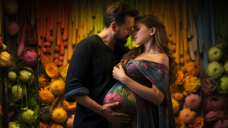 Pregnant woman with her husband on the background of flowers.の素材