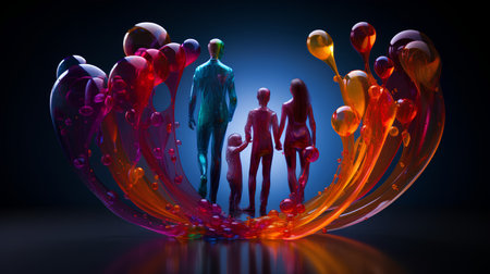 3d rendering of a group of people with a colorful abstract backgroundの素材