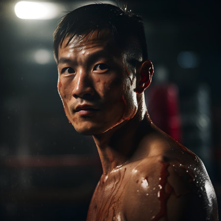Portrait of a young asian man with wet face in a gymの素材