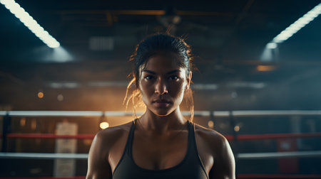 Portrait of young female boxer looking at camera in boxing ring.の素材