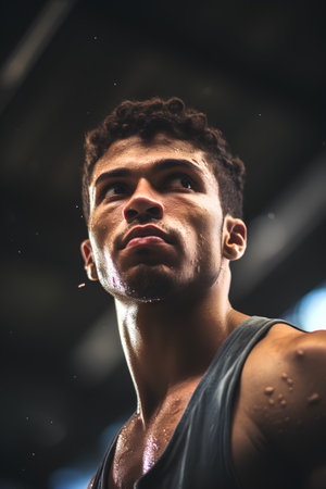 Portrait of a young muscular african american man in gymの素材