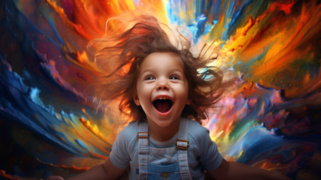 Surprised little girl with long curly hair on colorful background.の素材