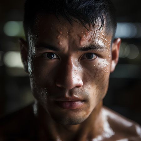 Portrait of a young asian man with sweat on his faceの素材