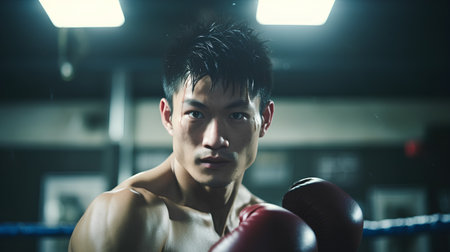 Portrait of young Asian boxer training in boxing ring at gym.の素材