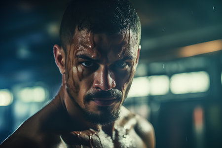 Portrait of a muscular man in the gym. Close-up.の素材