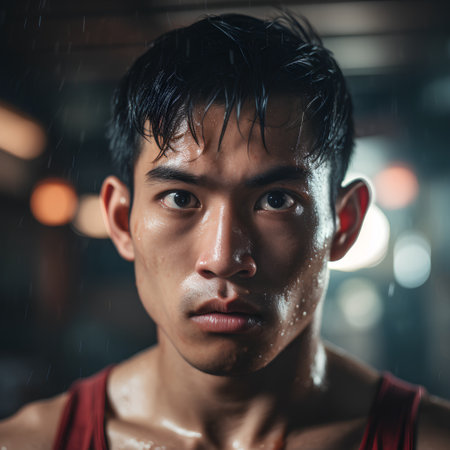 Portrait of young asian man with wet face in the rain.の素材