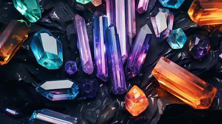 multicolored crystals on a black background close-up, top viewの素材