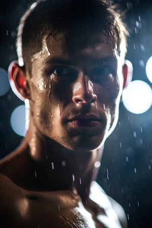 Portrait of a young muscular man in the rain on a dark background.の素材