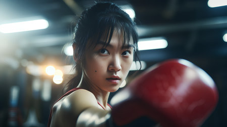 Portrait of young beautiful asian woman boxing in the gym.の素材