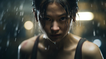Portrait of a young woman in the rain. Shallow depth of fieldの素材