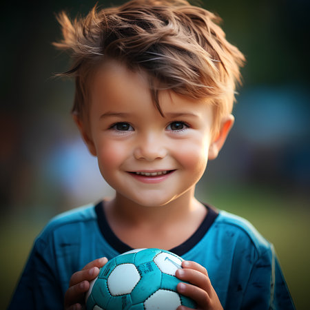 Portrait of a cute little boy holding a soccer ball on a blurred backgroundの素材