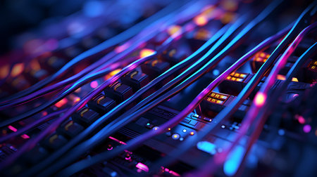 Fiber Optic cables connected to an optic ports. 3d renderingの素材