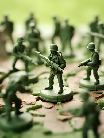 Plastic toy soldiers. Military background. Selective focus. Shallow depth of field. Toned.の素材
