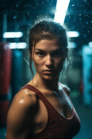 Portrait of a beautiful young woman in the gym under rain.の素材