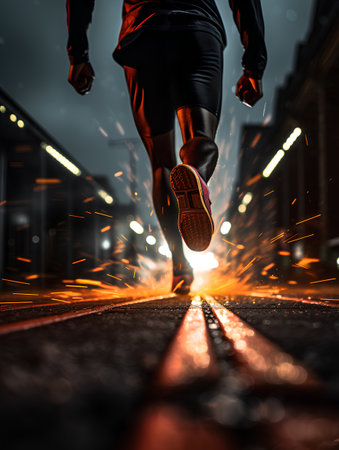 Running man at night. Close up of male athlete running at nightの素材