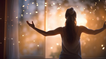 Back view of young woman standing at the window in the morning.の素材