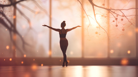 Ballet dancer in a black leotard dancing on a background of the winter forestの素材