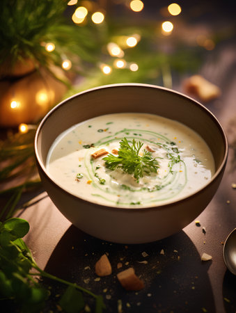 Creamy soup with croutons and herbs in a bowl on a black background.の素材