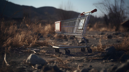 Shopping cart in the desert. Conceptual image of shopping.の素材