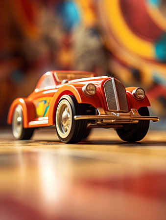 Retro toy car on the wooden floor. Vintage car. 3d renderingの素材